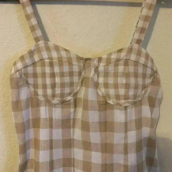 &Merci Taupe Gingham Woven Bustier Cutout Back Cottagecore Mini Dress Size M - Picture 3 of 10